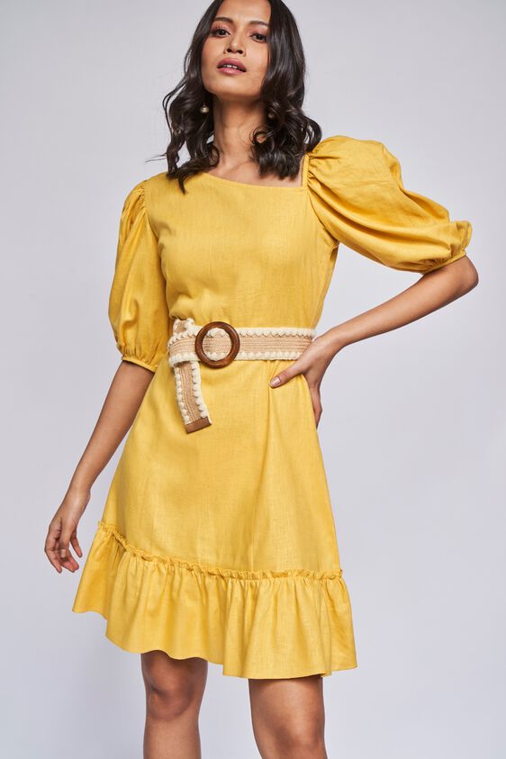 Yellow Solid Flounce Dress, , image 2